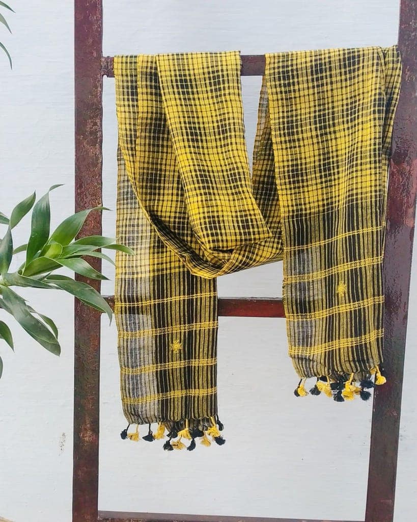 Yellow Black Plaid Organic Handloom Cotton Stole view 4