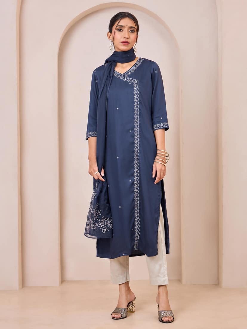 Navy Blue Viscose Plain Kurti Set & Dupatta With Hand Work Embroidery