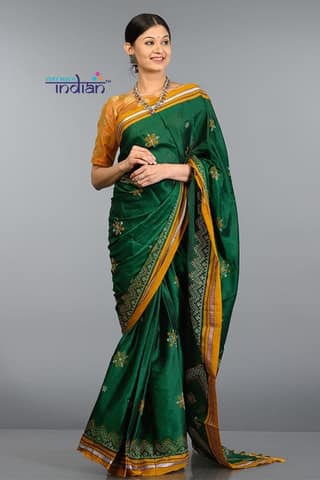 Traditional Khun – Cotton Resham Handwoven Saree (Green with Kashida Work)