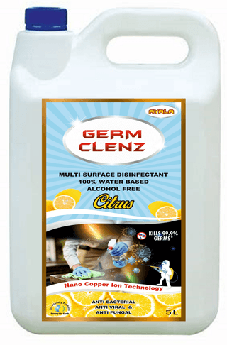 Disnfectant Liquid (Germ Clenz - Citrus -5 L) | Disinfectant Liquid | Suitable for All types of surfaces | Kills 99.9% Germs| Alcohol Free| Water based | No harsh chemicals| anti microbial &Anti Viral