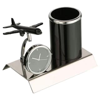 Shri Baba Art - Aeroplane Miniature Metal Pen Stand With Clock, Stylish Desk Organizer, Pencil Holder, Elegant Corporate Gift Set, Durable Decorative Showpiece for Office, Doctors, Lawyers (Black)