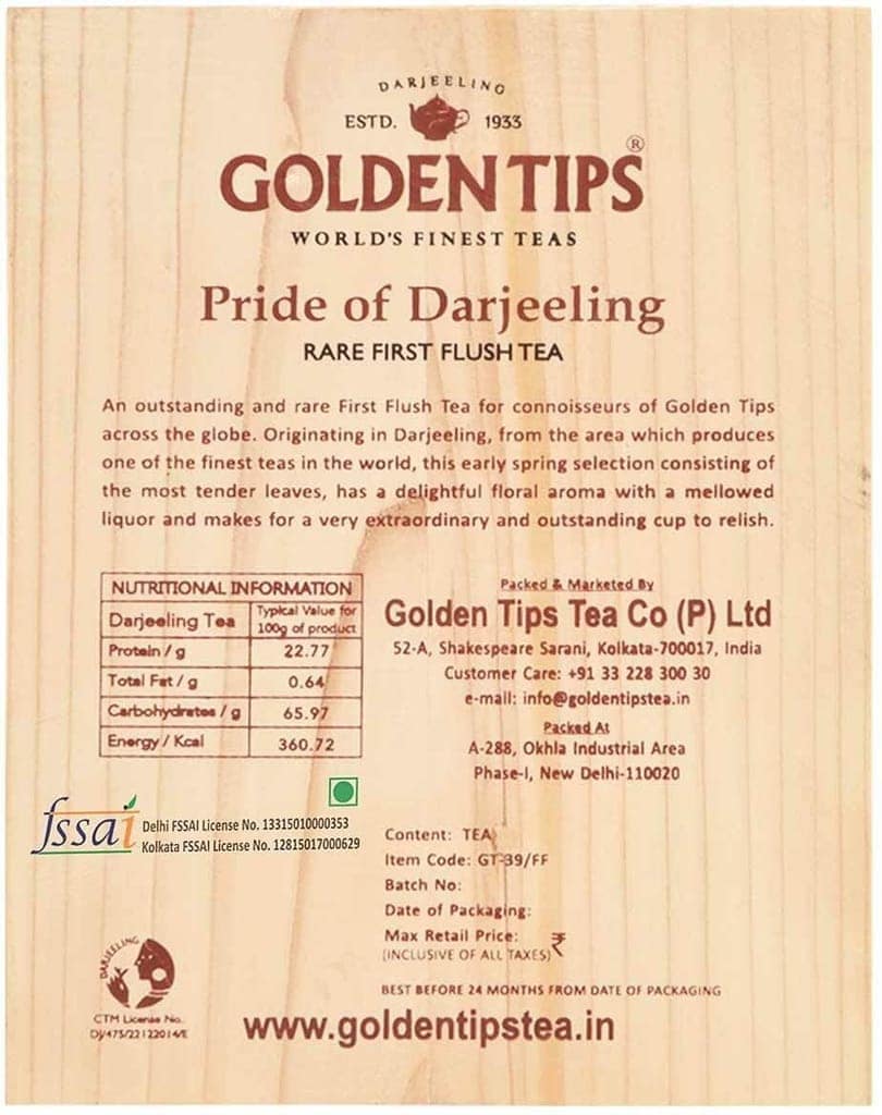 Golden Tips Healthy/Natural and Organic Rare First Flush Darjeeling Tea with Zardosi Work on Velvet Pouch in Pinewood Box (100 Gram, 50 Cups) view 2