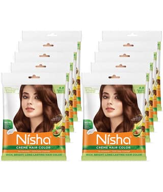 Nisha Creme Hair Color Natural Brown 40g Pack of 10, Permanent Hair Color for Women Men, No Ammonia, 100% Grey Coverage