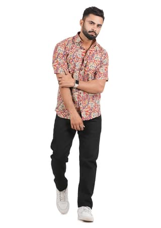 Tribes India Bagru Hand Block Printed Floral Cotton Shirt - Red