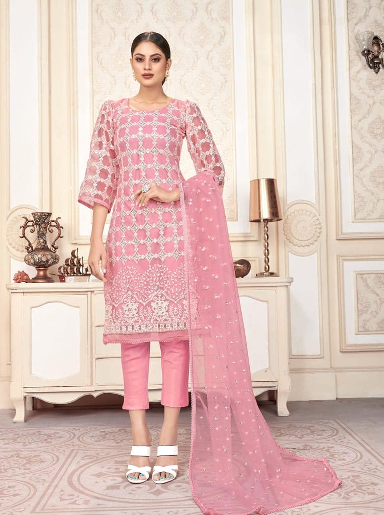 Pink Women Net Heavy Embroidery Work Semi Stitch Dress Material.