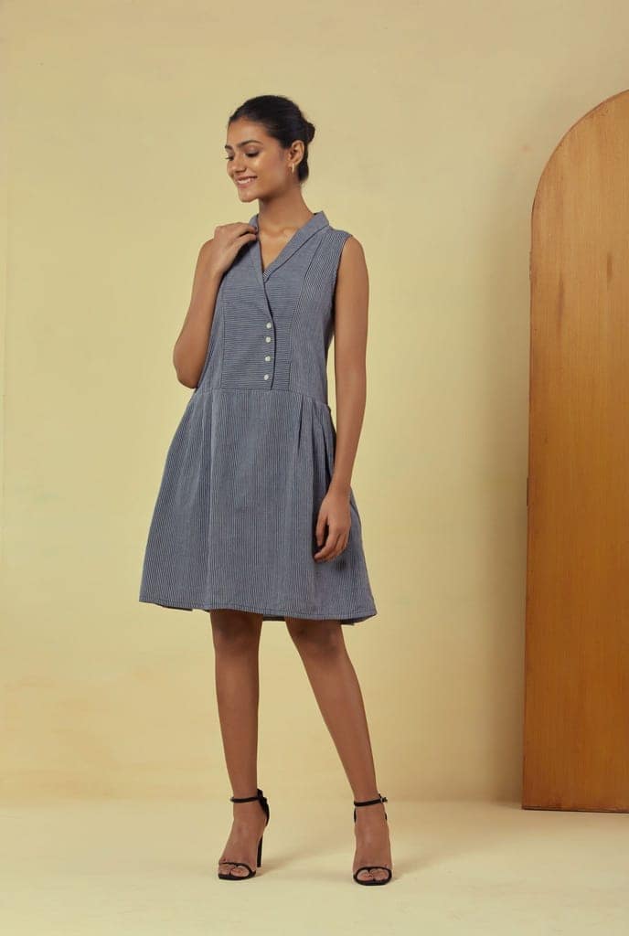 Maya Navy Handwoven Striped Pleated Dress view 2