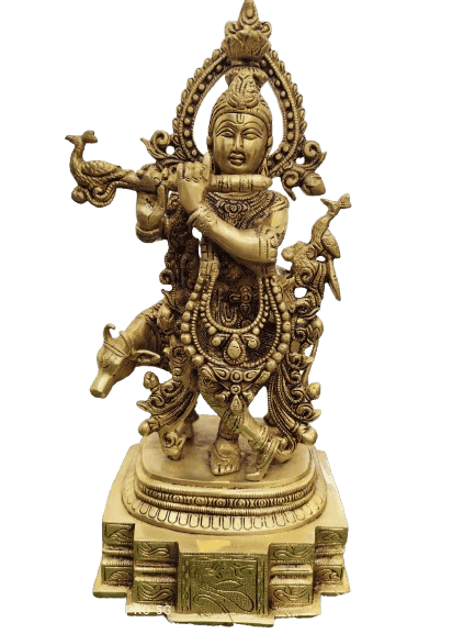 Dancing Lord Krishna Brass Statue Playing Flute with Birds and Cow