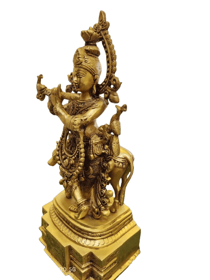 Dancing Lord Krishna Brass Statue Playing Flute with Birds and Cow view 2