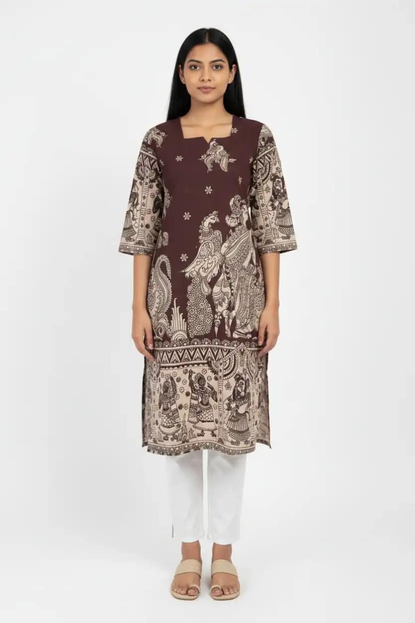 Pattachitra Print Cotton Kurti Chocolate Brown