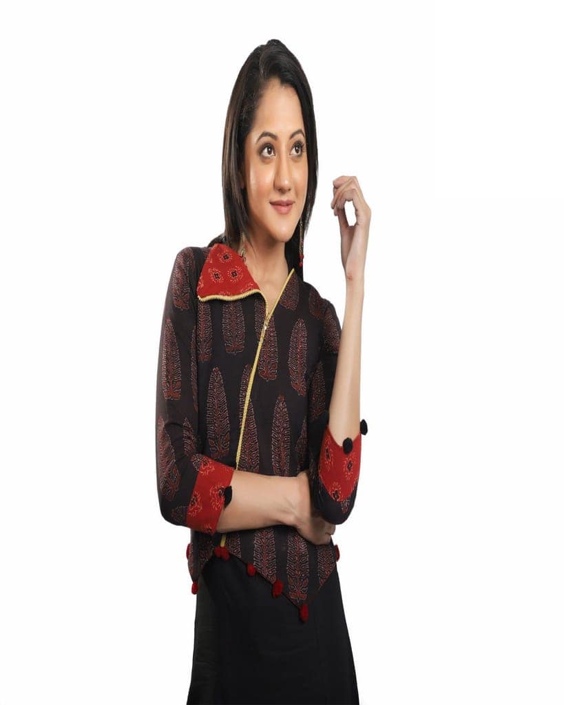 Black Red Boho Printed Cotton Jacket view 4