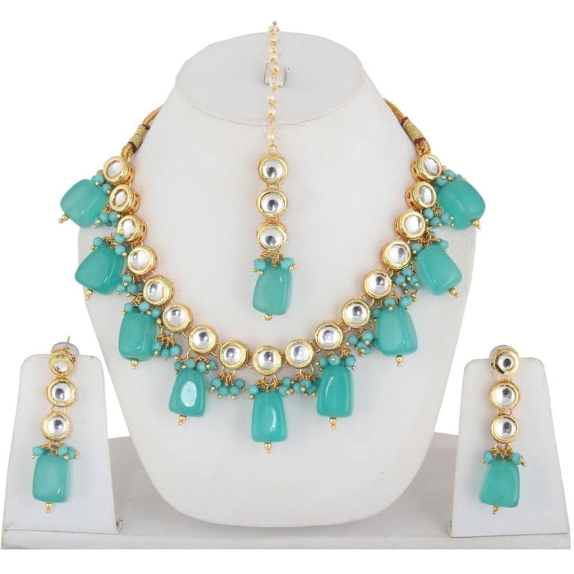 LUCKY JEWELLERY Back Meenakari 18k Gold Plated Blue Color Tika Earring Combo Uncut Big Faux Kundan Choker Necklace set view 4