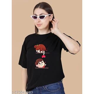 Wexam Style Women Black Printed Round Neck Short Sleeve Top