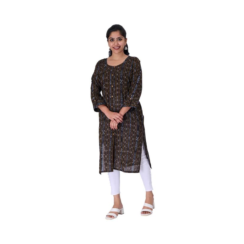 GHL GUENDICHA HAAT Sambalpuri Certified Handloom Women's Pure Cotton Round Neck Front Slit Kurta