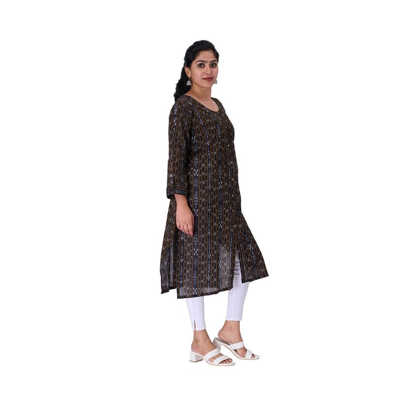 GHL GUENDICHA HAAT Sambalpuri Certified Handloom Women's Pure Cotton Round Neck Front Slit Kurta view 3