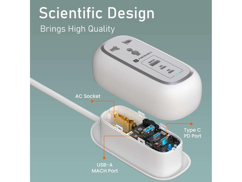 Portronics Volt 65 Pro 2 X Type C PD Port, 1 X USB-A Port, 2 X AC Port, 1M Cable Copper Length - White view 3