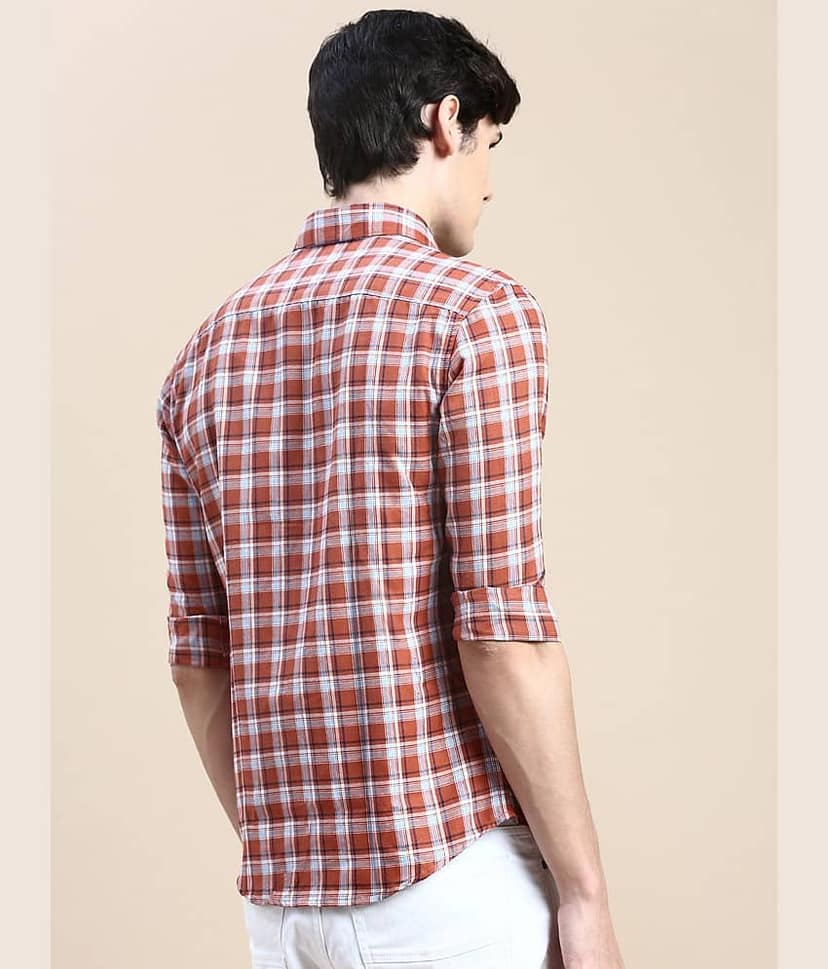 Showoff Cotton Blend Regular Fit Checks Full Sleeves Men's Casual Shirt - Rust ( Pack of 1 ) view 4