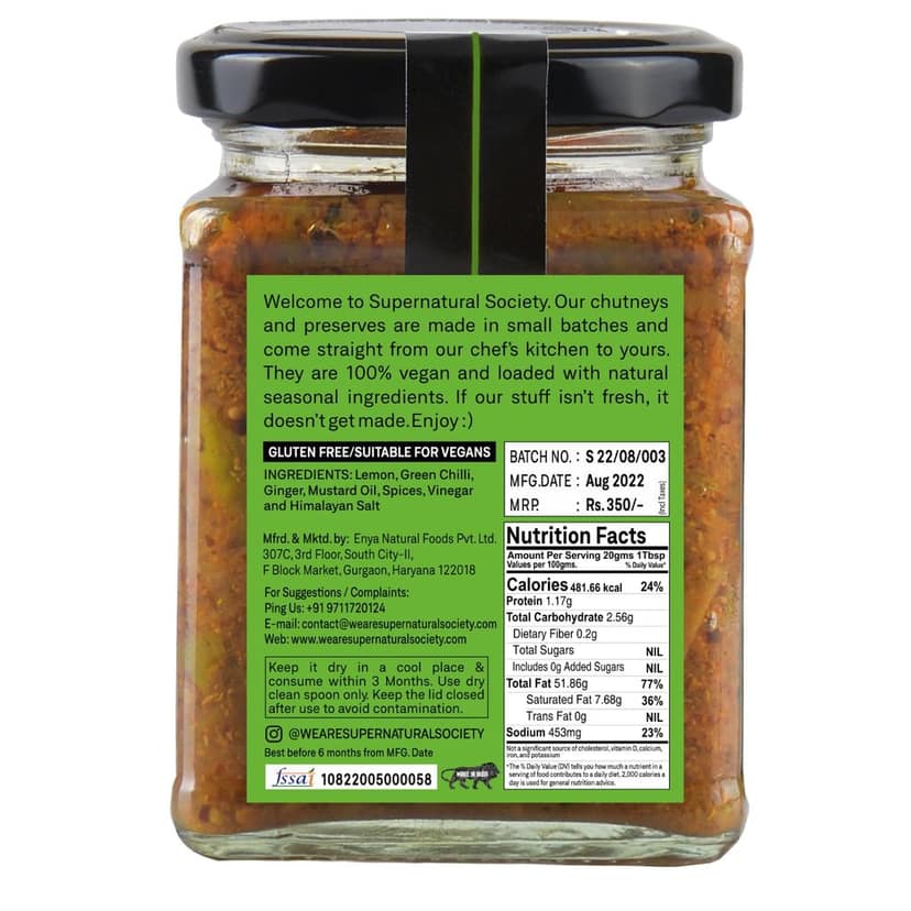 Supernatural Society - Lemon Chilli Ginger Pickle 300 gram| Neemboo Hari Mirch ka Achar | Sun-Dried & Tangy & Spicy | Fresh Pickle| Preservatives Free| Handmade by International Chef view 4