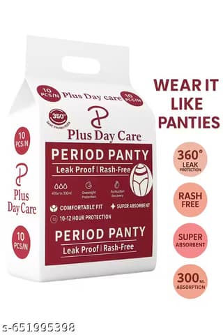 Plus Day Care Period Pant for Women | Leak Proof & Rash Free | 360° Leak Protection | Super Absorbent Disposable Period Pant | Comfortable Fit | Pack of 10