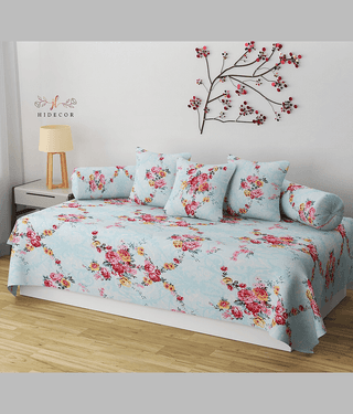 HIDECOR Cotton Floral Diwan Set 6 Pcs - Blue