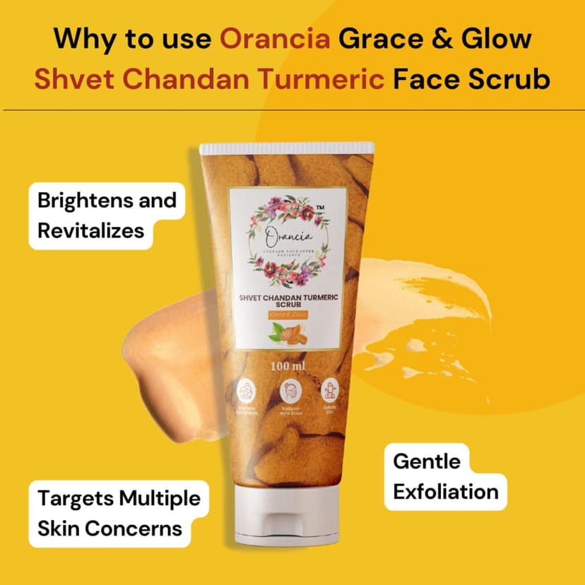 Orancia Shvet Chandan Turmeric Face Scrub For Glowing Skin | Gently Exfoliates, Smoothes & Improves Skin Tone | Removes Tan & Dead Skin | Tan Removal Face Scrub | Suitable for all skin types- 100Gm view 3
