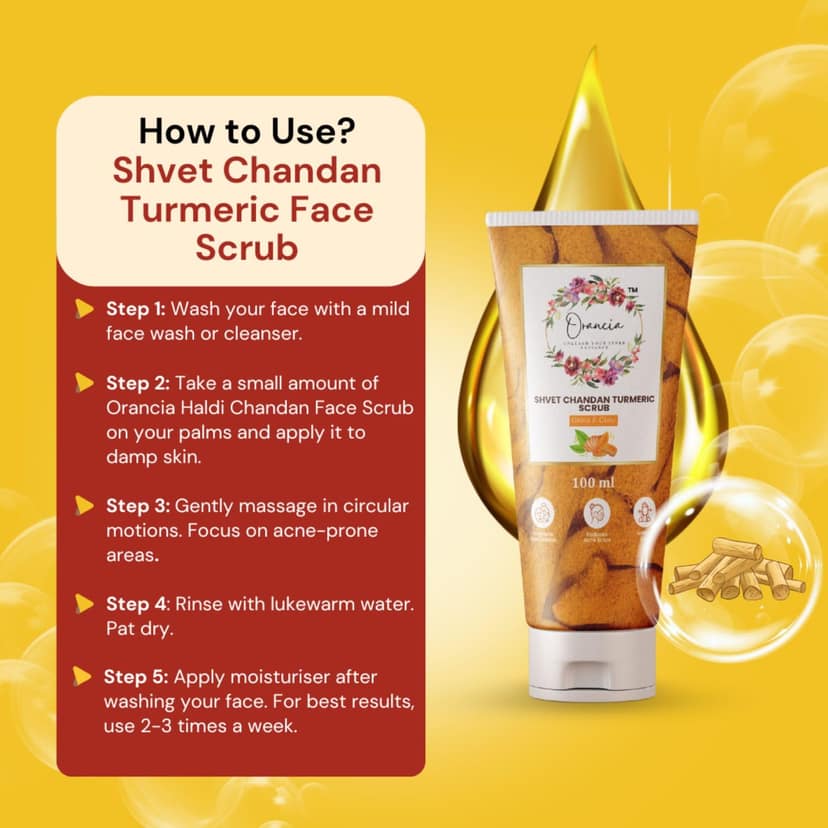 Orancia Shvet Chandan Turmeric Face Scrub For Glowing Skin | Gently Exfoliates, Smoothes & Improves Skin Tone | Removes Tan & Dead Skin | Tan Removal Face Scrub | Suitable for all skin types- 100Gm view 4