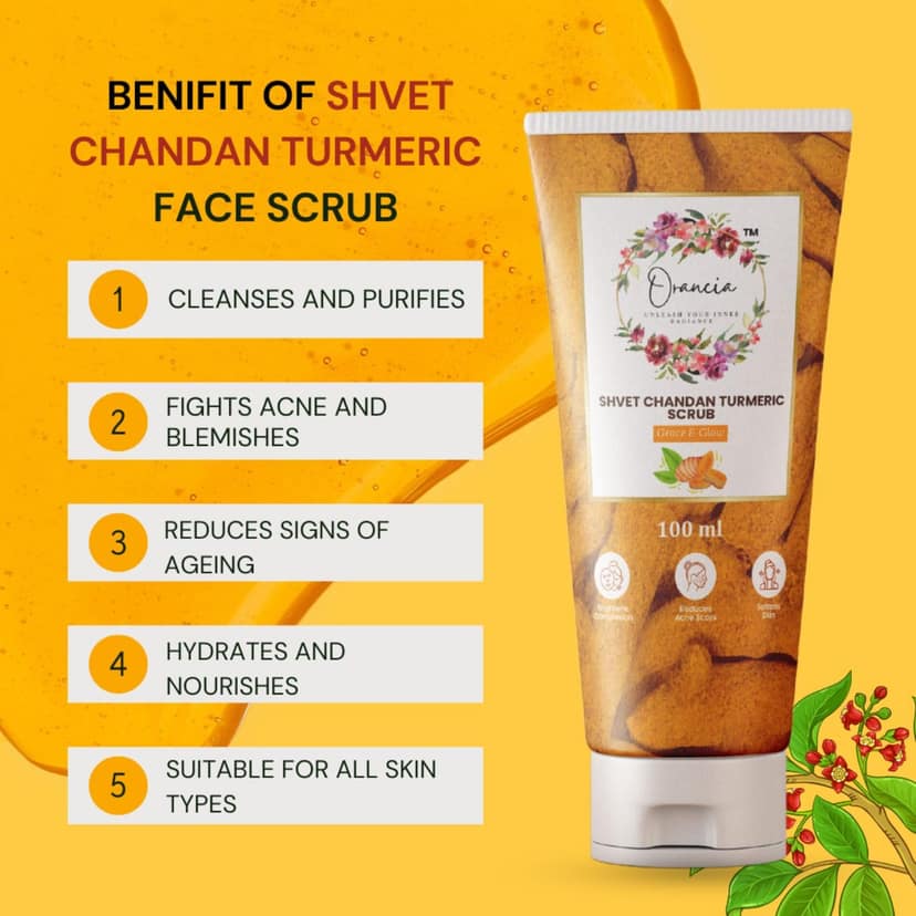 Orancia Shvet Chandan Turmeric Face Scrub For Glowing Skin | Gently Exfoliates, Smoothes & Improves Skin Tone | Removes Tan & Dead Skin | Tan Removal Face Scrub | Suitable for all skin types- 100Gm view 6