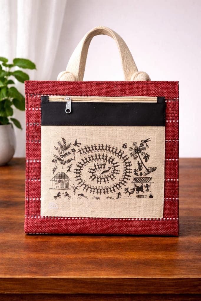 Warli Art Printed Maroon Jute Handbag with Front Zipper Pocket