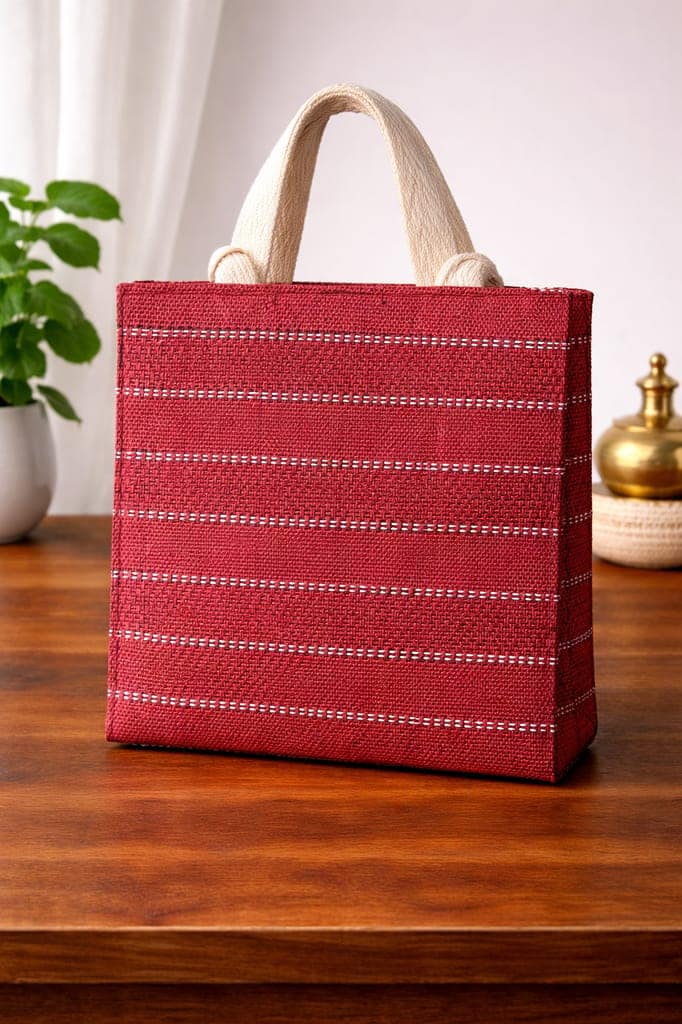 Warli Art Printed Maroon Jute Handbag with Front Zipper Pocket view 2
