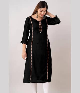 Kapadia Women Viscose Rayon Embroidered Straight Kurti ( Black )