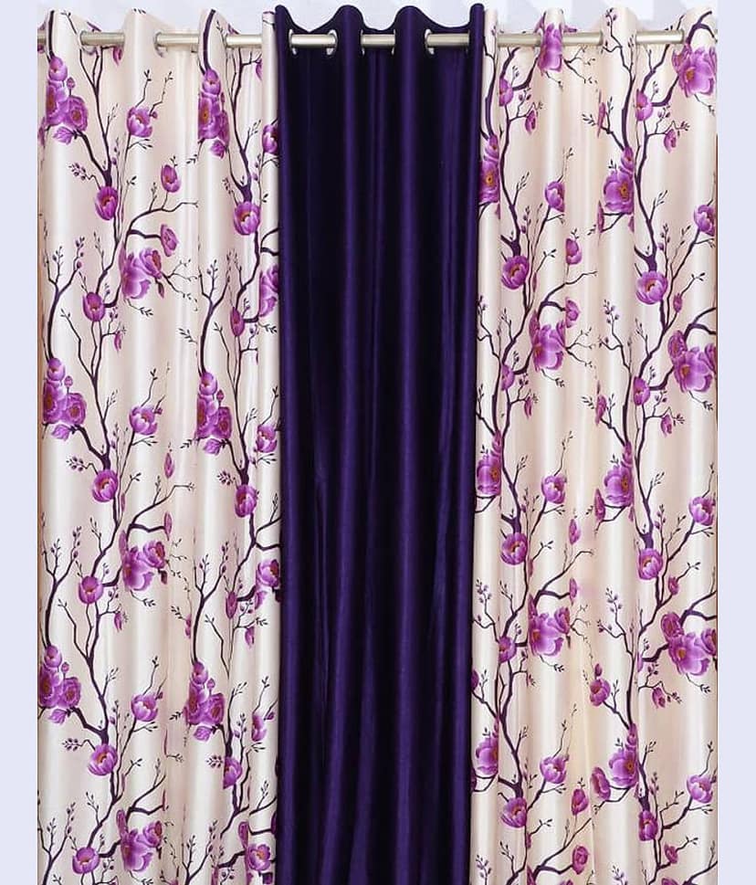 Kraftiq Homes Floral Semi-Transparent Eyelet Curtain 9 ft ( Pack of 3 ) - Purple view 2