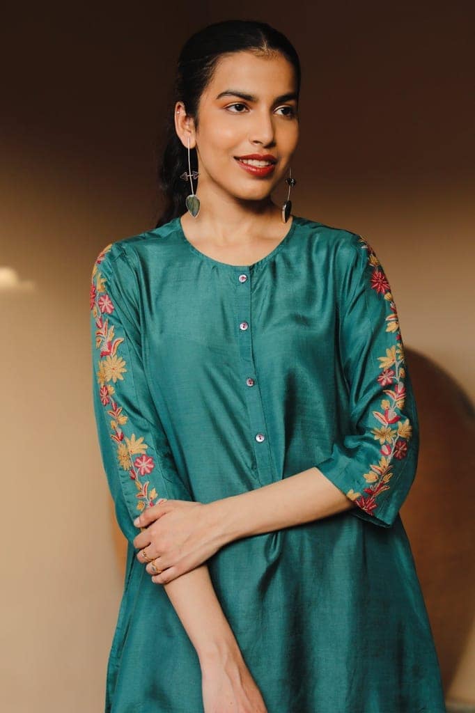 Juhi Teal Green Kurta With Crewel Embroidered Sleeves view 5