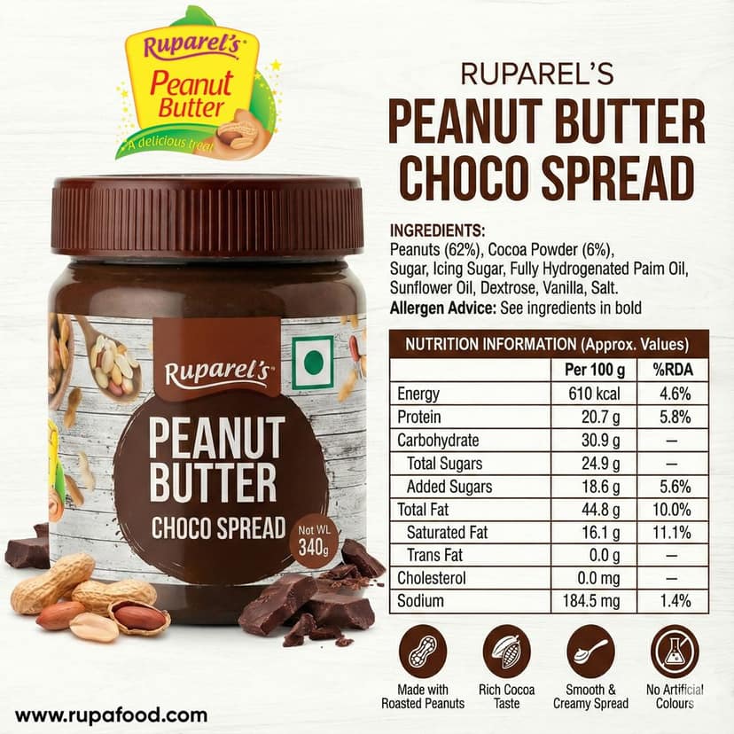 Ruparel Peanut Butter Choco Spread 340g | Smooth & Creamy Spread | Delicious Choco Flavor | Perfect for Bread, Sandwiches, Toast & Breakfast Chocolate Recipes Protein Rich Healthy Spread | Gym & Kids | Vegetarian view 4