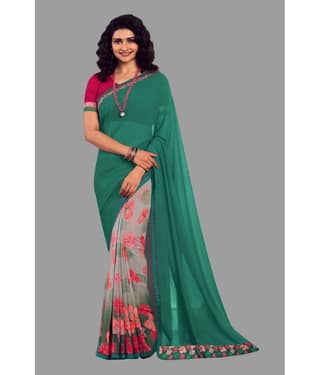 BLEESBURY Georgette Printed Saree With Unstitched Blouse Piece ( Sea Green )