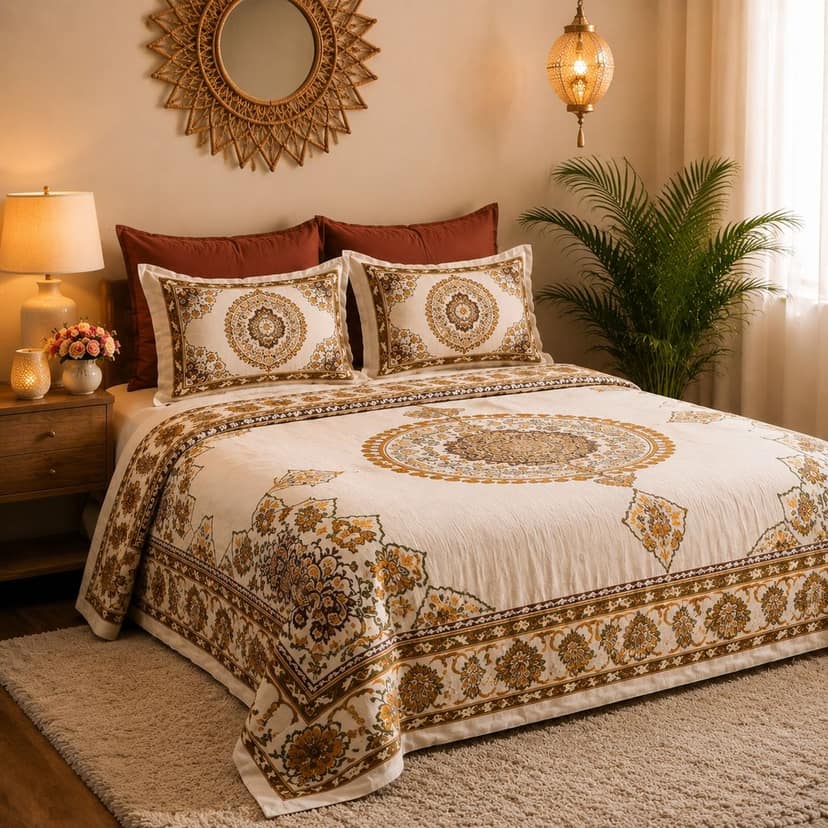 DHRUVINSR Luxury Super King Bed Size Cotton bedsheet with 2 Pillow Covers, Hand Block Floral Print ,274x274 cm,108 * 108 inches, 9*9 ft view 2