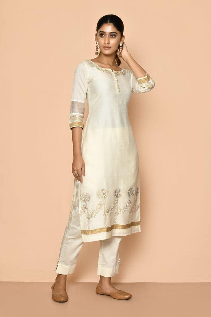 Ayoola flora Ivory handloom Maheshwari silk kurta set for women view 3