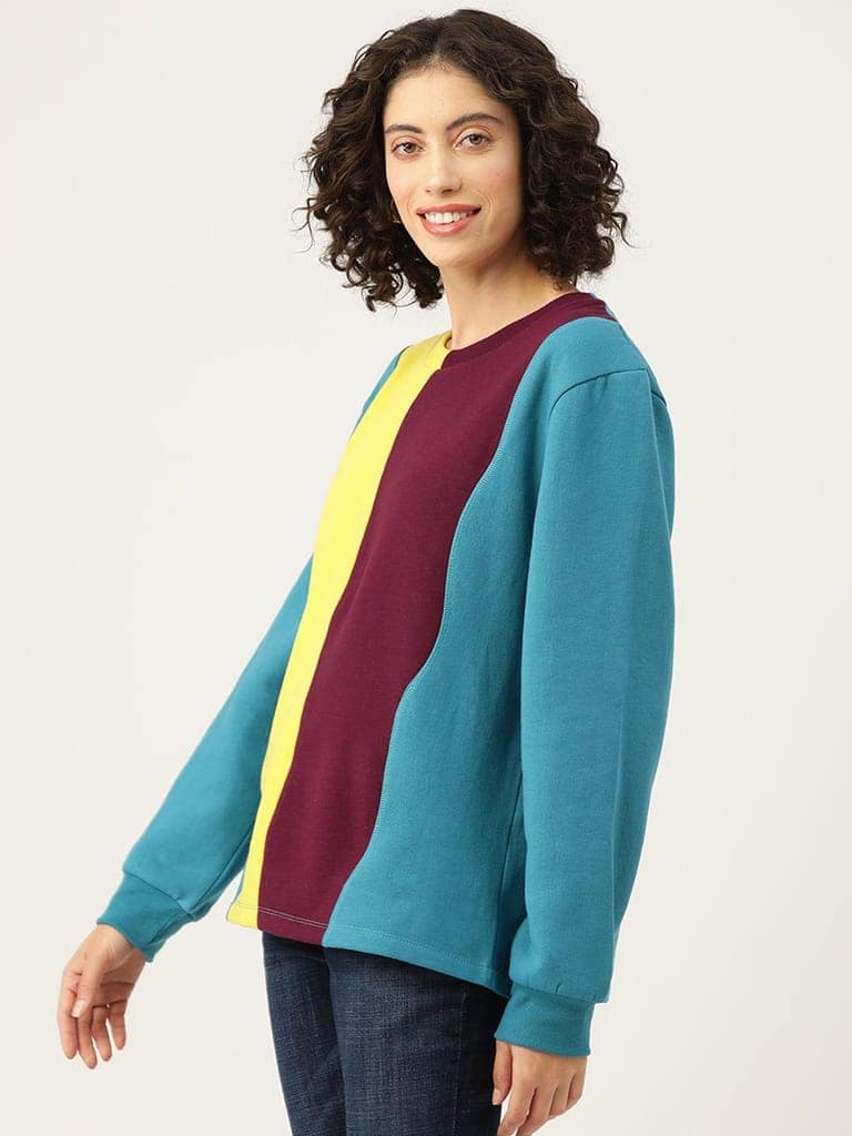 Blue Striped Colourblocked Longline Fleece Sweatshirt view 4
