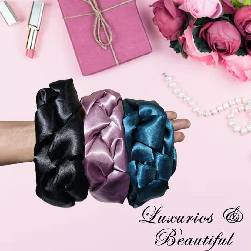ALTCRAFT Diamond Satin Hair Band with Beautiful Celtic Knot| Satin Hair Band for Hair & Skin | Silk Hair Band (Pack of 3) | Best Hair Accessories for Women with Stretchable Elastic view 3
