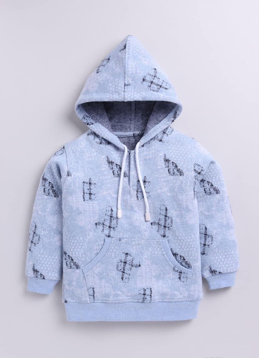 Baby Blue Checkered Print Full Sleeves Hooded Sweatshirt for Boys