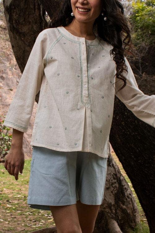 Avani Chikankari Off white Pure Cotton 3Q Sleeve Top view 5