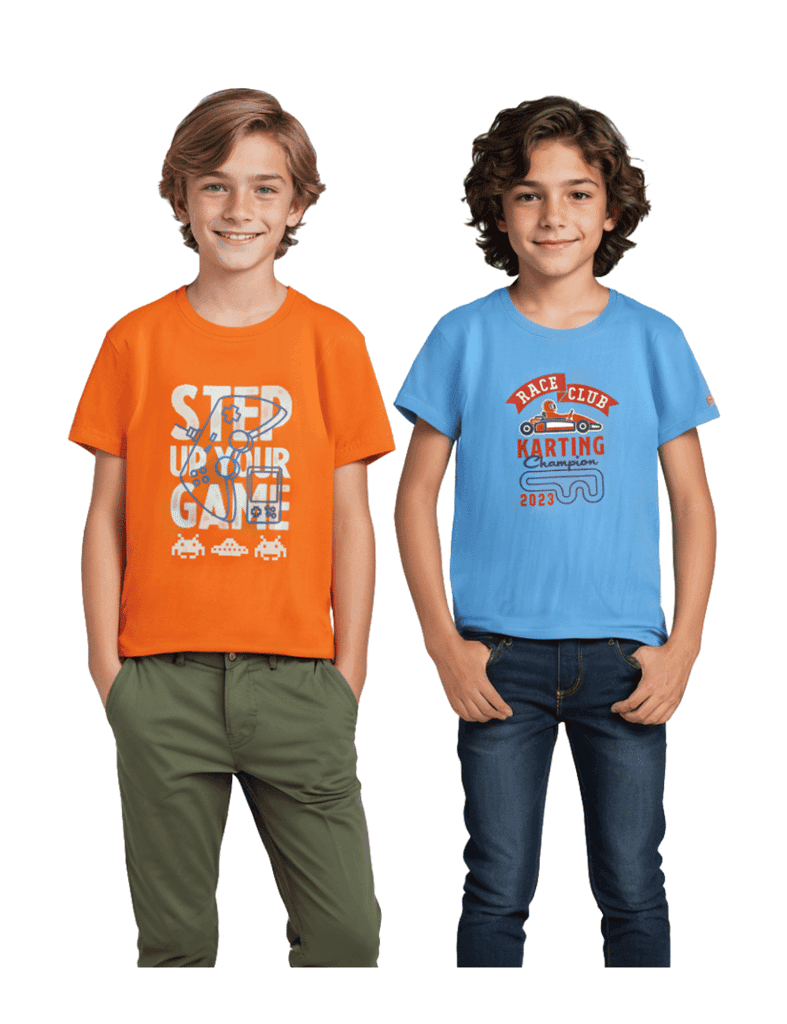 Boys T-Shirt All Aboard Blue / Scarlet Ibis Orange, Soft Cotton, Ages 7-14 (2pcs pack)
