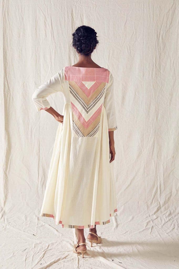 Pieced Yoke Dress In Off White Cotton Khadi Mulmul view 3