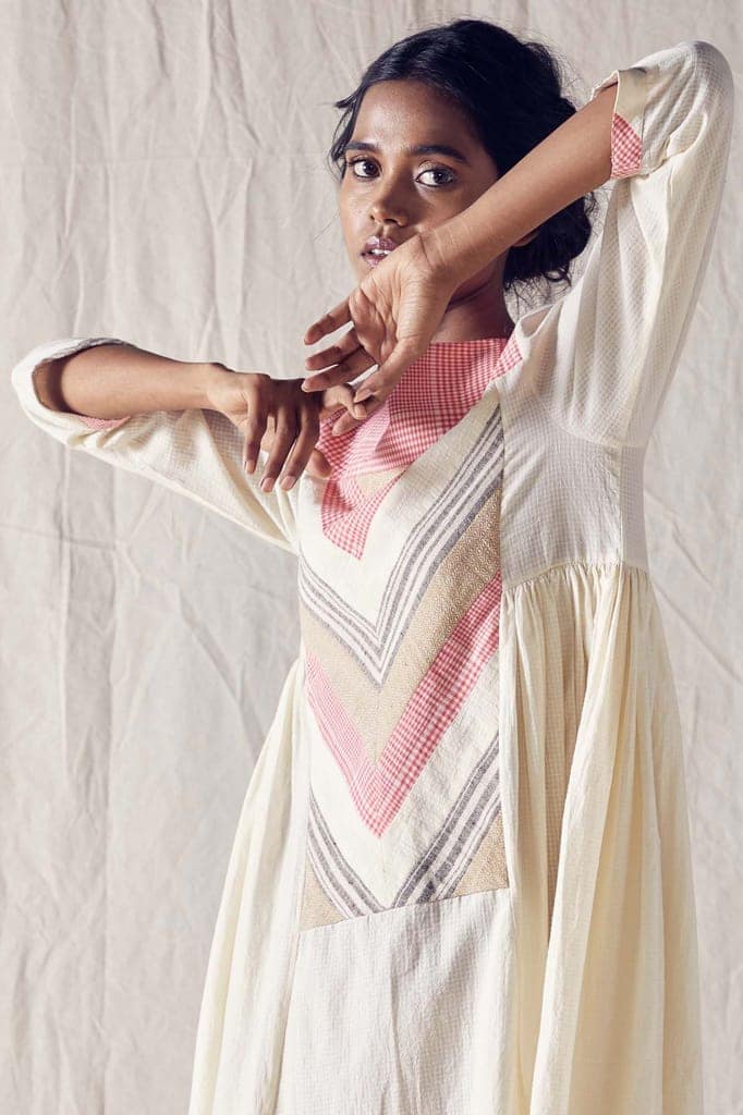 Pieced Yoke Dress In Off White Cotton Khadi Mulmul view 4