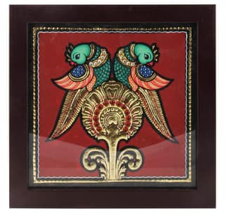 Poompuhar Metal Double Parrot Tanjore Painting, Multicolour, Birds, 7 x 0.5 x 7 inch