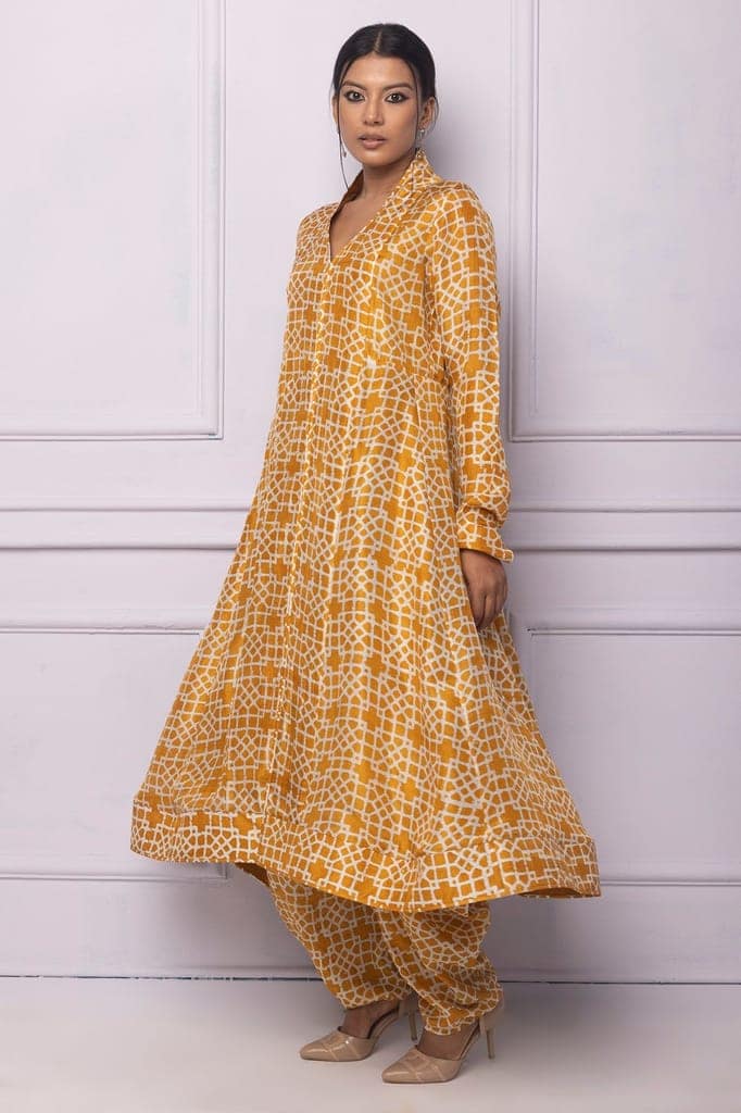 Muddy Yellow Printed Silk A Line Kurti view 2