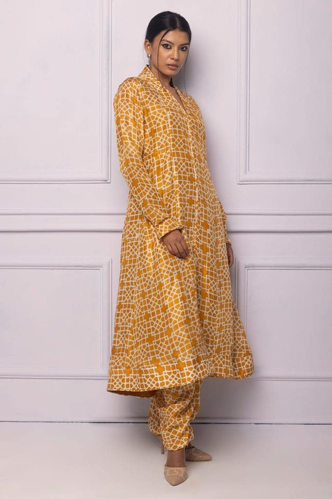 Muddy Yellow Printed Silk A Line Kurti view 3