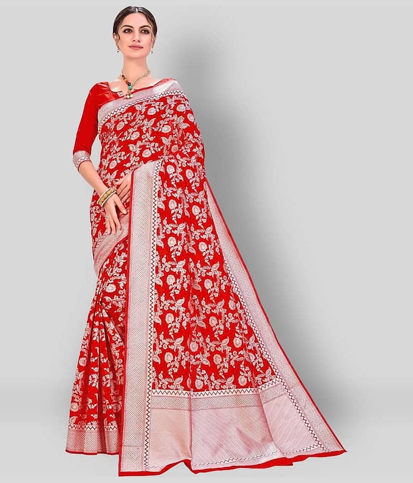Dressy Banarasi Silk Printed Saree With Unstitched Blouse Piece ( Red )