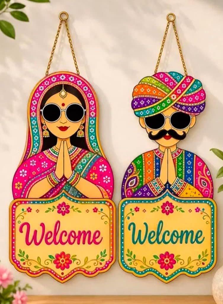 Rajasthani Couple Welcome Board Wall Hanging, 27.9x22.9 cm,set of 2 view 2