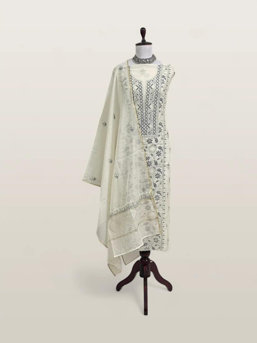 Chikankari Mul Chanderi Dress Material Ivory Blue Green