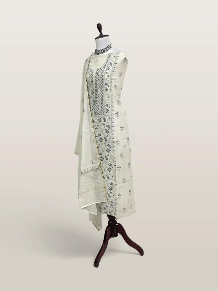 Chikankari Mul Chanderi Dress Material Ivory Blue Green view 2