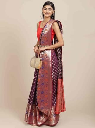Women's Purple Gold Toned Kanjiwaram Woven Silk Saree with unstiched blouse piece